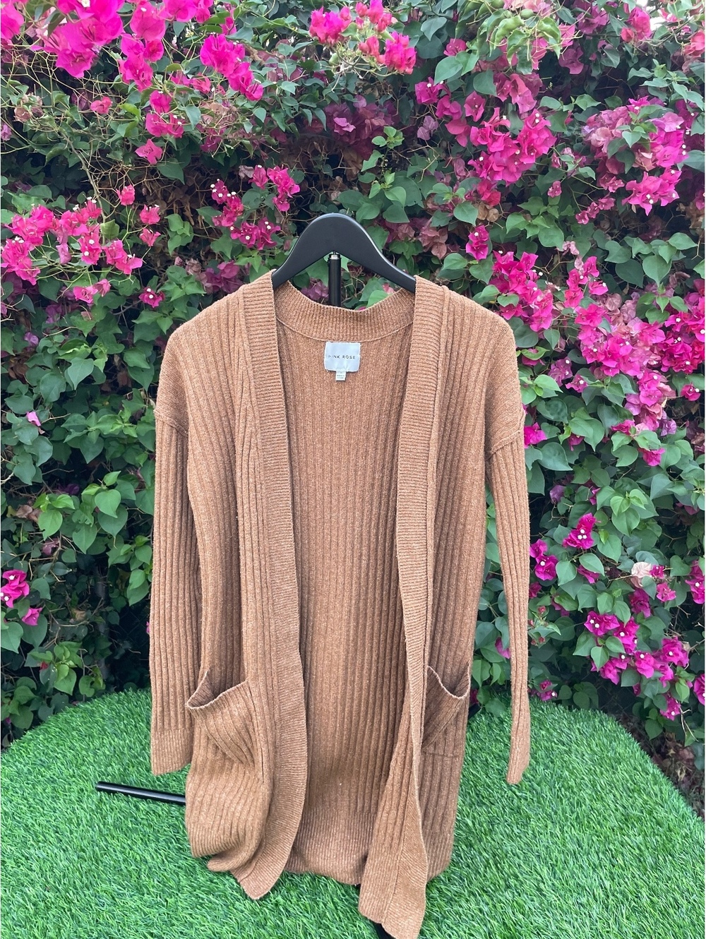 Caslon Brown Ribbed Knit Open Front Cardigan with Pockets